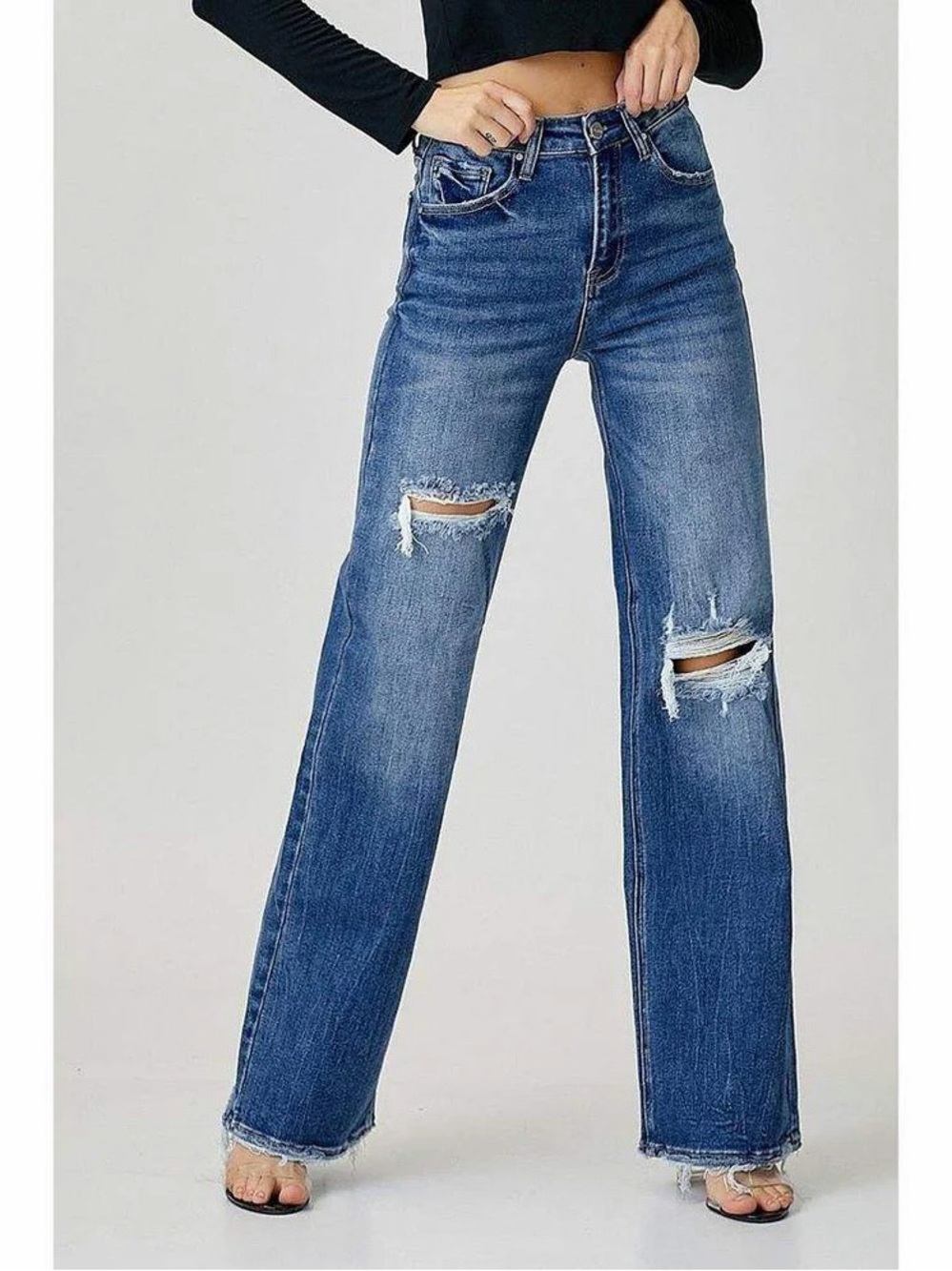 Risen High‎ Waisted Distressed Wide Leg Jeans